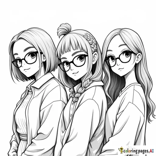a group of 4 girls, 1 with a short bob and glasses, one with her hair in a messy bun with glasses, one with their hair down, and one with their hair in a claw clip
