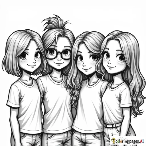 a group of 4 girls, smiling, 1 with a short bob and glasses, one with her hair in a messy bun with glasses, one with their hair down, and one with their hair in a claw clip
