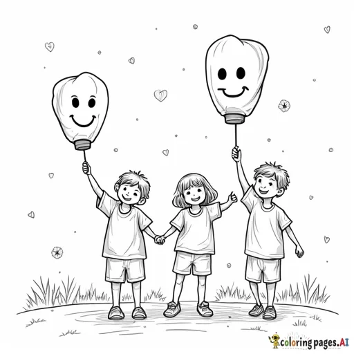 A group of children releasing glowing lanterns into the night sky, each with a happy face drawn on them.
