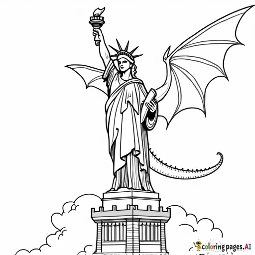 a happy dragon flying over statue of liberty