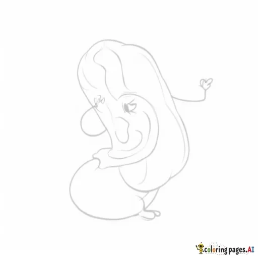 "A happy hot dog with a cheerful, smiling face on the sausage. The hot dog is nestled in a simple bun with bold lines to indicate texture, and a single swirl of mustard on top. It has two tiny arms and legs, with one arm raised in a playful wave. The style should be cartoonish with thick, bold black outlines and no background, perfect for a kids' coloring book."