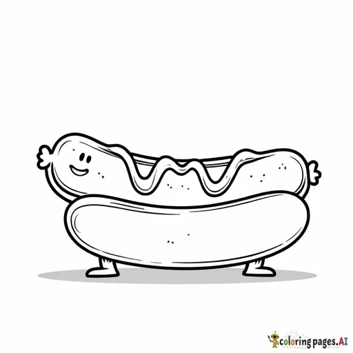"A happy hot dog with a cheerful, smiling face on the sausage. The hot dog is nestled in a simple bun with bold lines to indicate texture, and a single swirl of mustard on top. It has two tiny arms and legs, with one arm raised in a playful wave. The style should be cartoonish with thick, bold black outlines and no background, perfect for a kids' coloring book."