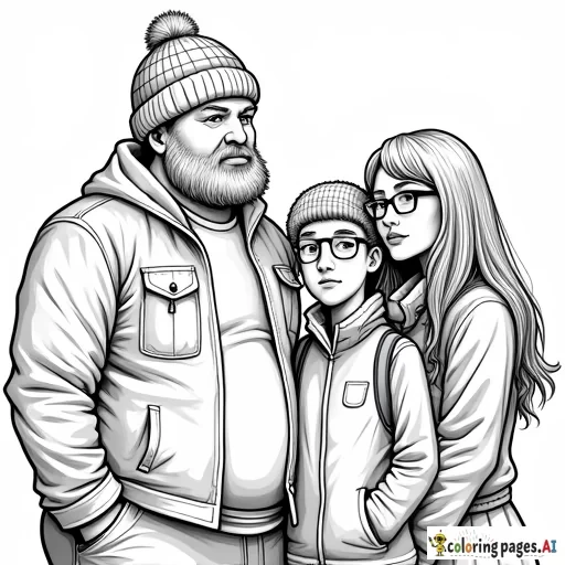 a heavy set man wearing a snow cap with plaid shirt on. Standing next to a teenager girl with glasses and shorter. and a woman with very long red hair with glasses