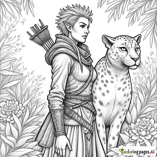a highly detailed and intricate female dark elven ranger with a short spiky pixie haircut, her pointed ears slightly visible, dressed in worn and weathered leather armor, with an intricately decorated longbow slung over her back and a dagger in her hand ready to use on enemies, standing next to her majestic panther familiar, its eyes gleaming with an air of intelligence, in the midst of a dense and vibrant jungle, surrounded by foliage and flowering plants, with thick, expressive lines, evoking a sense of adventure and mystery