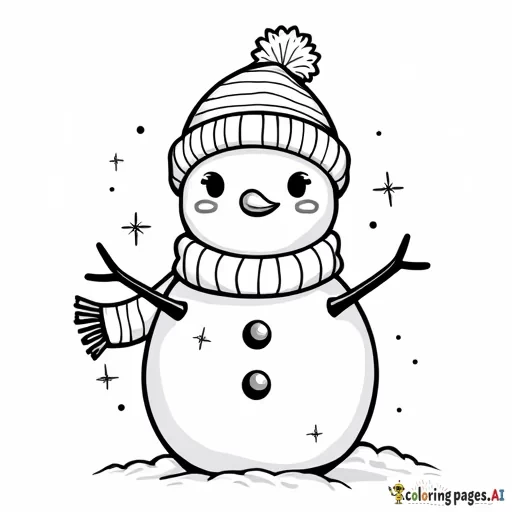 A kawaii snowman with a cute scarf and hat.