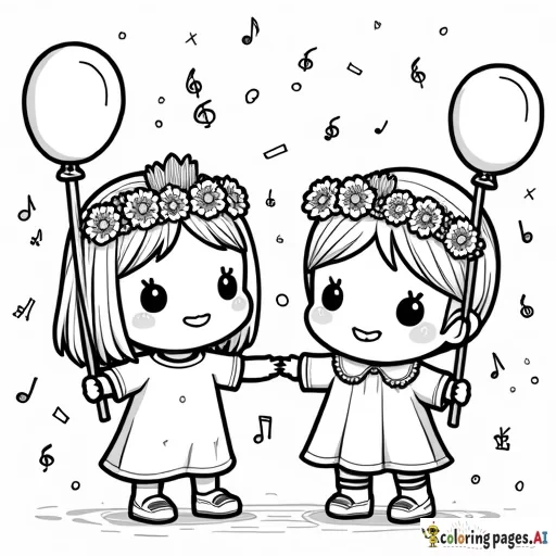 A kawaii style Cute characters holding pride flags, wearing flower crowns, and throwing confetti, surrounded by balloons, streamers, and music notes.