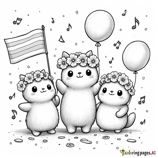 A kawaiiCute characters holding pride flags, wearing flower crowns, and throwing confetti, surrounded by balloons, streamers, and music notes.
