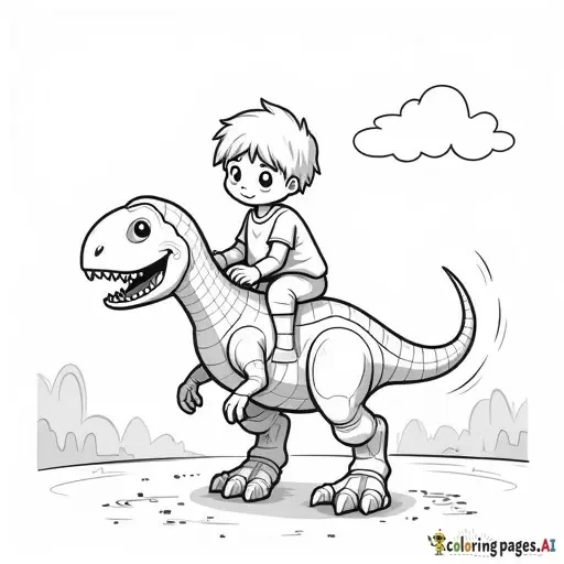 a kid riding a robot Dino