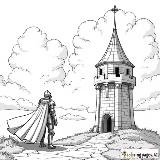 A knight in shining armour looking up at a tower in a fantasy land
