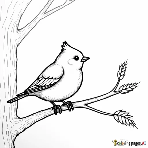 a little bird sitting on a tree branch, looking to a bird trap which houses a single grain of wheat seed