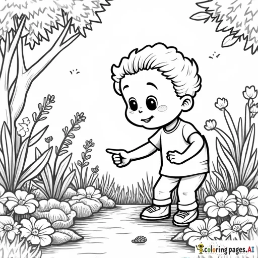 A little boy in a garden, pointing at a small hopping bug on a leaf.