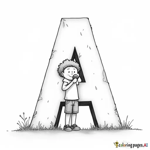 a little boy with an afro, standing up, leaning against a giant letter "A" . he is eating an apple.