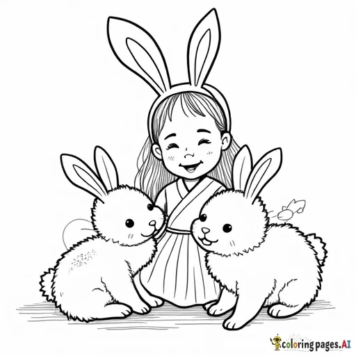 A little girl, full of joy and imagination, is playing with a group of fluffy rabbits. She wears playful bunny ears herself, blending in with her furry friends. It's a delightful scene of innocence and fun, perfect for a coloring activity where kids can bring this adorable moment to life with their creativity.