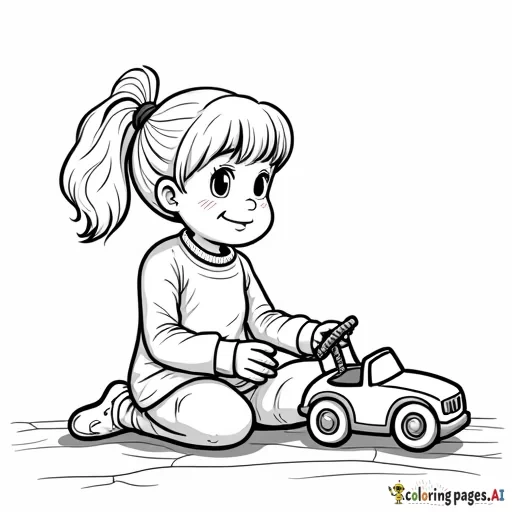 A little girl sitting on the floor with her toy car zooming across the room