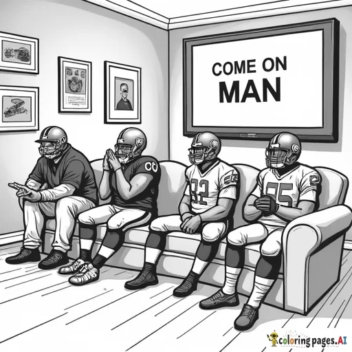 A lively man cave is decked out with football memorabilia, including framed photos and logos of winning teams prominently displayed on the walls. A cozy leather couch takes center stage, where the Oakland Raiders players in black and silver are seated, looking utterly defeated with sad, slouched postures. Beside them, the Pittsburgh Steelers players in black and yellow are crammed onto the same couch, their hands covering their faces in deep embarrassment.  On a massive, big-screen TV mounted on the wall, the word "Come on Man" are playing on the screen, their energy contrasting sharply with the somber mood in the room.  In the corners of the man cave, two coaches are facing "time out." The Pittsburgh Steelers in black and yellow coach stands sheepishly in one corner, while the Oakland Raiders coach in black and silver occupies the opposite corner, each reflecting on their respective teams’ losses.  The space exudes a blend of sports passion and tension, capturing the highs and lows of football fandom.