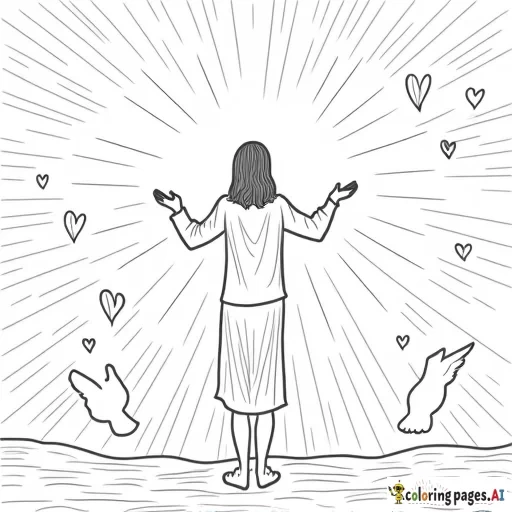 A loving, caring scene with a person standing under a glowing light, surrounded by hearts, doves, and other symbols of God's love. The person’s hands are raised to the sky in gratitude, and light shines down on them.