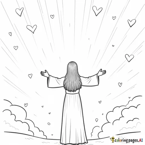 A loving, caring scene with a person standing under a glowing light, surrounded by hearts, doves, and other symbols of God's love. The person’s hands are raised to the sky in gratitude, and light shines down on them.
