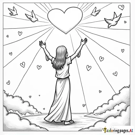 A loving, caring scene with a person standing under a glowing light, surrounded by hearts, doves, and other symbols of God's love. The person’s hands are raised to the sky in gratitude, and light shines down on them.