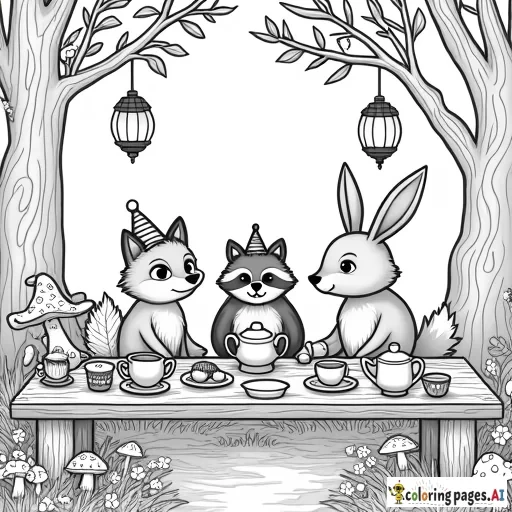 A magical tea party in the forest with a fox, raccoon, and bunny wearing tiny hats, sitting at a wooden table with teapots, cupcakes, and flowers. Lanterns hang from tree branches, and mushrooms grow nearby. Add intricate patterns on the tablecloth and teacups.