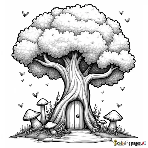 A magical tree with a door at its base, surrounded by mushrooms, vines, and tiny glowing fairies with intricate wings.