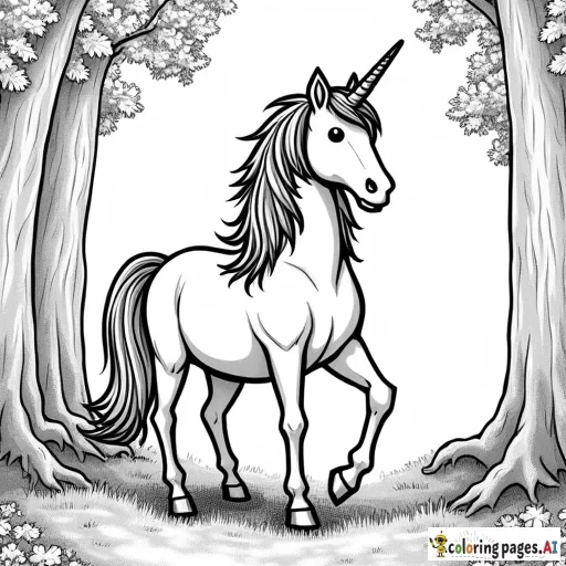 a majestic unicorn in a forest, adult coloring book