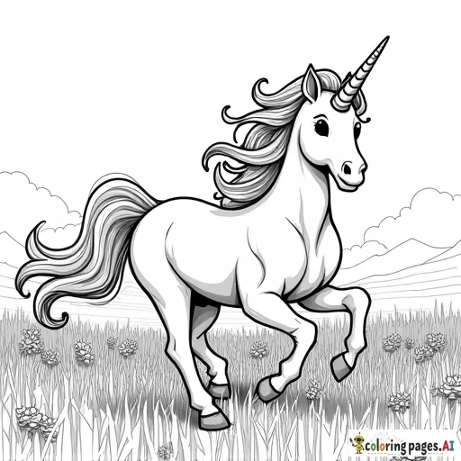 a majestic unicorn running through the plains, fantasy art style, cute style for adults