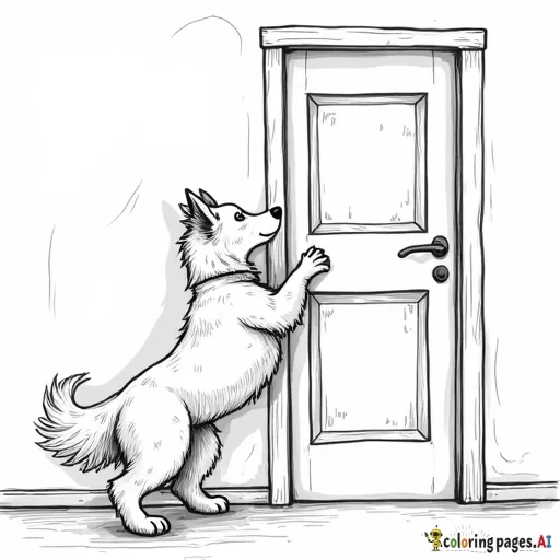 a mangy dog holding its hand against a closed door