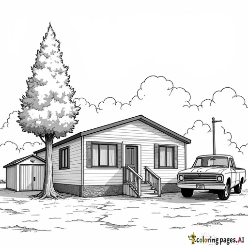 a mobile home in the background, with a two stall garage and little shed with an older pick up truck and a hatchback car parked next to a tall tree