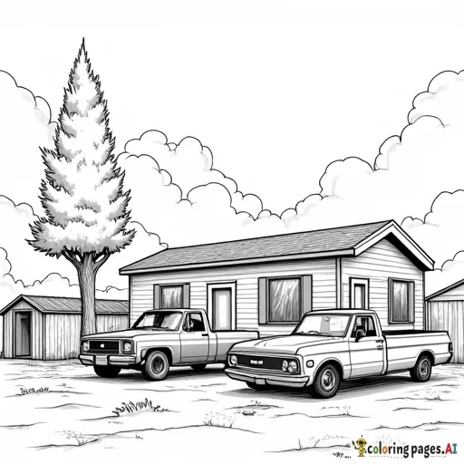 a mobile home in the background, with a two stall garage and little shed with an older pick up truck and a hatchback car parked next to a tall tree