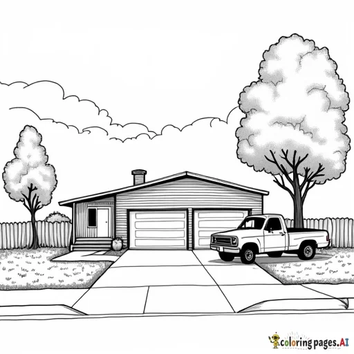 a mobilehome in the background, with a two stall garage and little shed with an older pick up truck and a hatchback car parked next to a tall tree