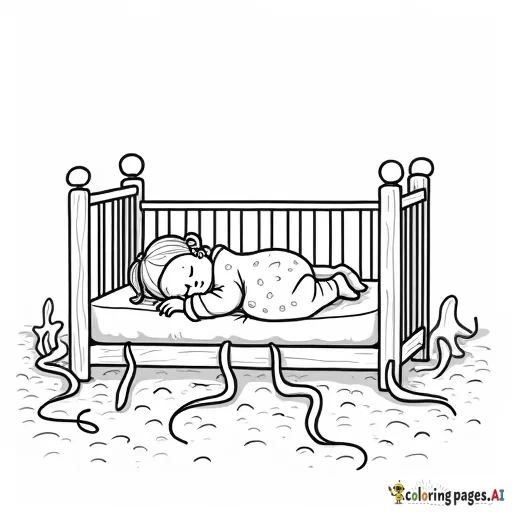 a newborn girl sleeping in her crib but tentacles are coming up from under the bed