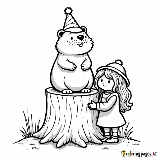 A party invitation for a little girl’s Groundhog Day party that features a groundhog in a top hot sitting atop a tree stump with a little girl with long hair standing next to it.
