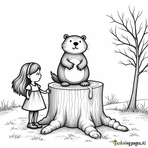 A party invitation for a little girl’s Groundhog Day party that features a groundhog in a top hot sitting atop a tree stump with a little girl with long hair standing next to it. The background should be split vertically with half showing a winter scene and half showing a spring scene