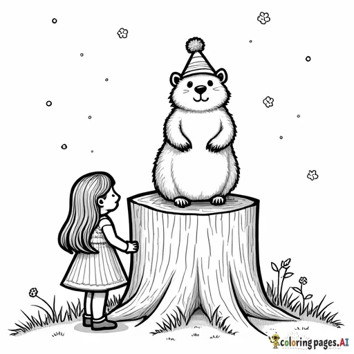 A party invitation for a little girl’s Groundhog Day party that features a groundhog in a top hot sitting atop a tree stump with a little girl with long hair standing next to it. The background should be split vertically with half showing a winter scene and half showing a spring scene