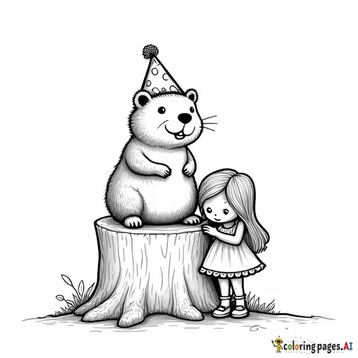 A party invitation for a little girl’s Groundhog Day party that features a groundhog in a top hot sitting atop a tree stump with a little girl with long hair standing next to it.