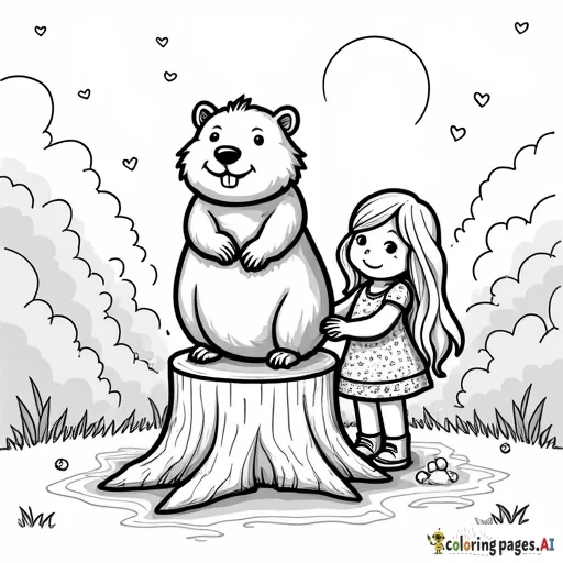 A party invitation for a little girl’s Groundhog Day party that features a groundhog in a top hot sitting atop a tree stump with a little girl with long hair standing next to it. The background should be split vertically with half showing a winter scene and half showing a spring scene