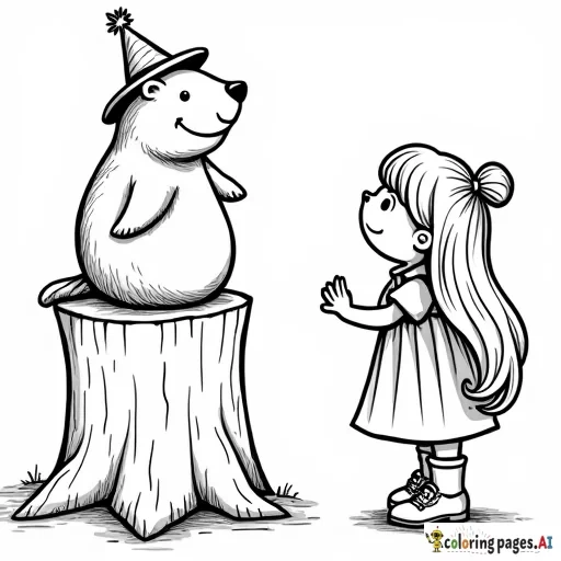 A party invitation for a little girl’s Groundhog Day party that features a groundhog in a top hot sitting atop a tree stump with a little girl with long hair standing next to it trying to figure out if she sees the groundhog’s shadow