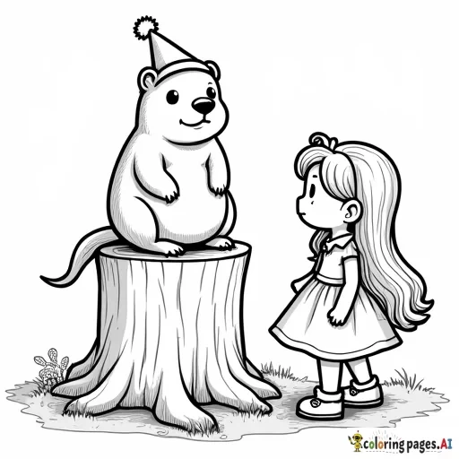 A party invitation for a little girl’s Groundhog Day party that features a groundhog in a top hot sitting atop a tree stump with a little girl with long hair standing next to it trying to figure out if she sees the groundhog’s shadow