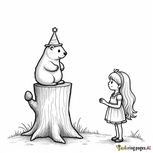 A party invitation for a little girl’s Groundhog Day party that features a groundhog in a top hot sitting atop a tree stump with a little girl with long hair standing next to it.