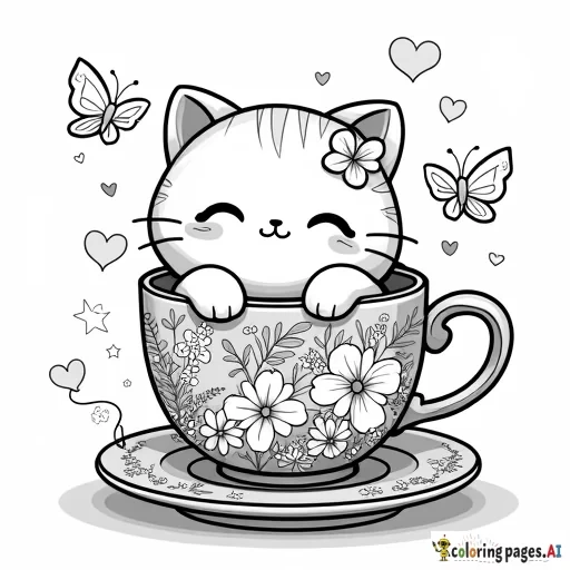 A pastel-colored teacup with a cute, chibi-styA playful cat surrounded by whimsical flowers and patterns, with stars and hearts scattered around for a fun and imaginative vibe.le design, overflowing with tiny, colorful blossoms and curling vines. Surround it with adorable, sparkly butterflies, hearts, and softly glowing floating petals for an ultra-kawaii vibe.