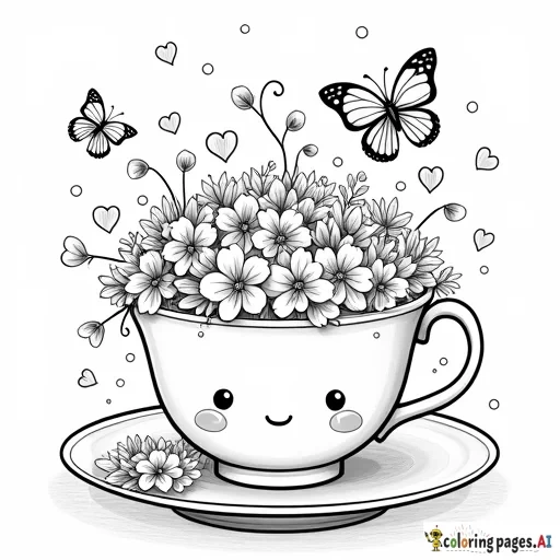 A pastel-colored teacup with a cute, chibi-style design, overflowing with tiny, colorful blossoms and curling vines. Surround it with adorable, sparkly butterflies, hearts, and softly glowing floating petals for an ultra-kawaii vibe.