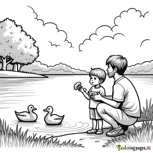 A peaceful black and white coloring page of a 3-year-old boy standing beside her father by a lake. The girl holds a piece of bread and tosses it towards a group of ducks on the water. The father is crouched beside her, also holding bread. Simple, clear outlines depict the lake, ducks, trees, and grass, creating an inviting and serene scene perfect for coloring.