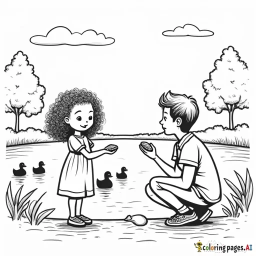 A peaceful black and white coloring page of a curly-haired 5-year-old girl standing beside her father by a lake. The girl holds a piece of bread and tosses it towards a group of ducks on the water. The father is crouched beside her, also holding bread. Simple, clear outlines depict the lake, ducks, trees, and grass, creating an inviting and serene scene perfect for coloring.