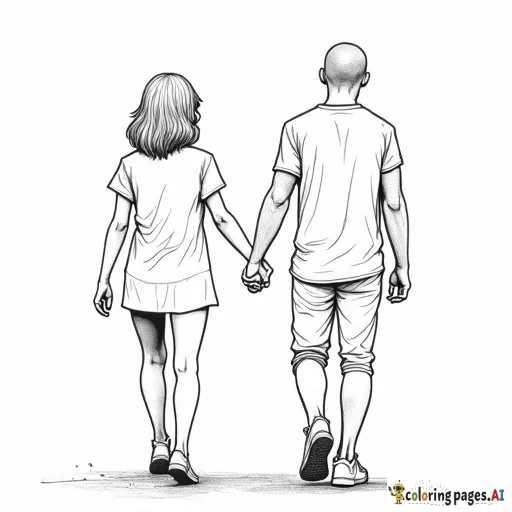 a petite short haired woman and adult walking with an adult male who is taller by 5inches holding hands show them like they are walking away from the viewers perspective can you make him have like a buzz cut make him skinnier too wirey