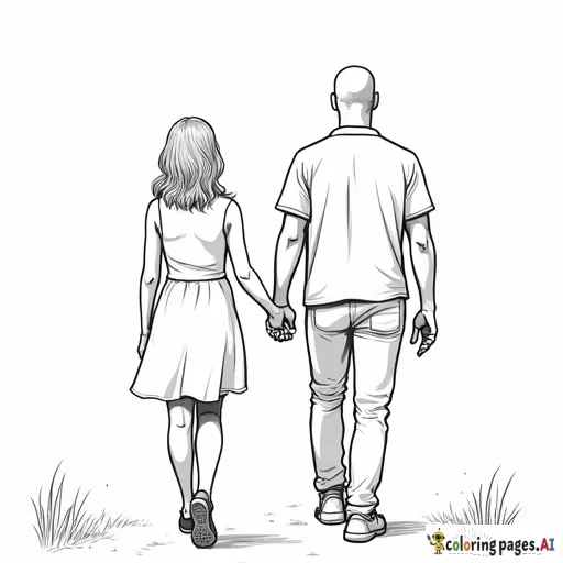 a petite short haired woman and adult walking with an adult male who is taller by 5inches holding hands show them like they are walking away from the viewers perspective can you make him have like a buzz cut