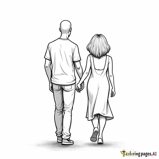 a petite short haired woman and adult walking with an adult male who is taller by 5inches holding hands show them like they are walking away from the viewers perspective can you make him have like a buzz cut make him skinnier too wirey can you make her more chubby curvy not fat