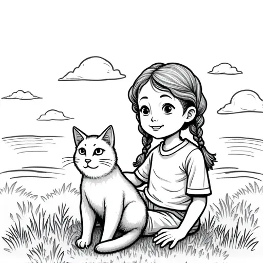 a photo of a young girl and her cat on a travel adventure across the U.S., the little girl has pigtail braids - Free Printable Coloring Page