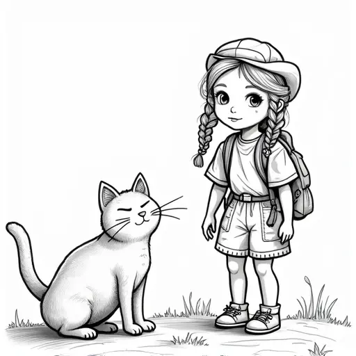 a photo of a young girl and her cat on a travel adventure, the little girl has pigtail braids - Free Printable Coloring Page