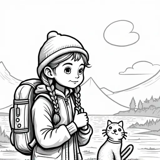 a photo of a young girl and her cat on a travel adventure, the young girl has pigtail braids - Free Printable Coloring Page