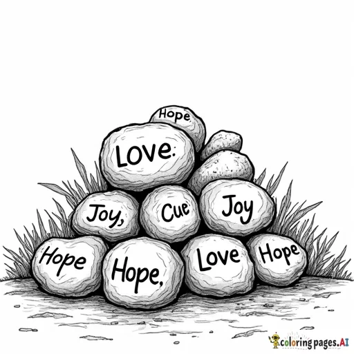 A pile of painted rocks with words like “Love,” “Joy,” and “Hope,” surrounded by children adding their designs.